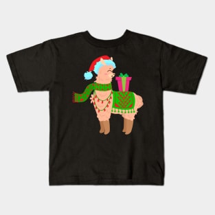 Christmas Llama With Gift Box Kids T-Shirt